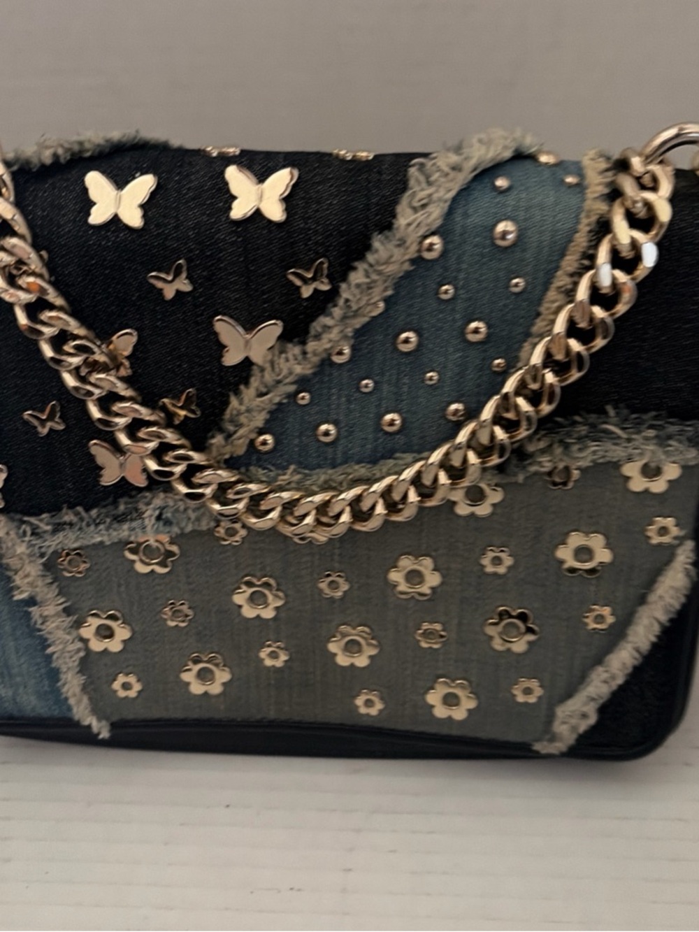 Michael Kors Denim Patchwork Shoulder Bag with Gold Studs & Chain